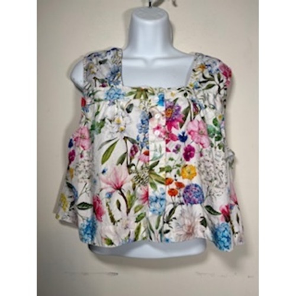 OLIVIA BY LIVRO Floral Button Top White Sleeveless Cotton Cottagecore Boho Large